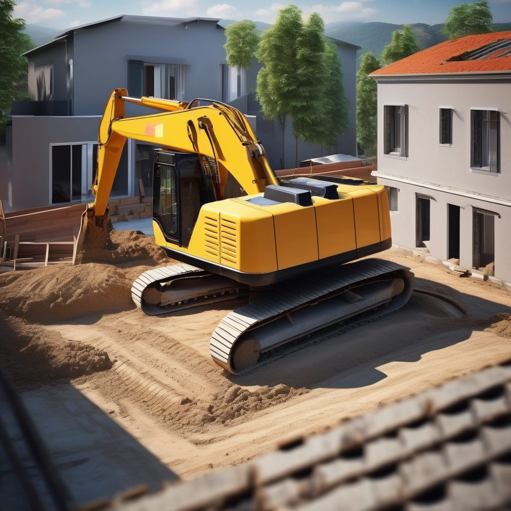 Maison en construction avec engins de terrassement
