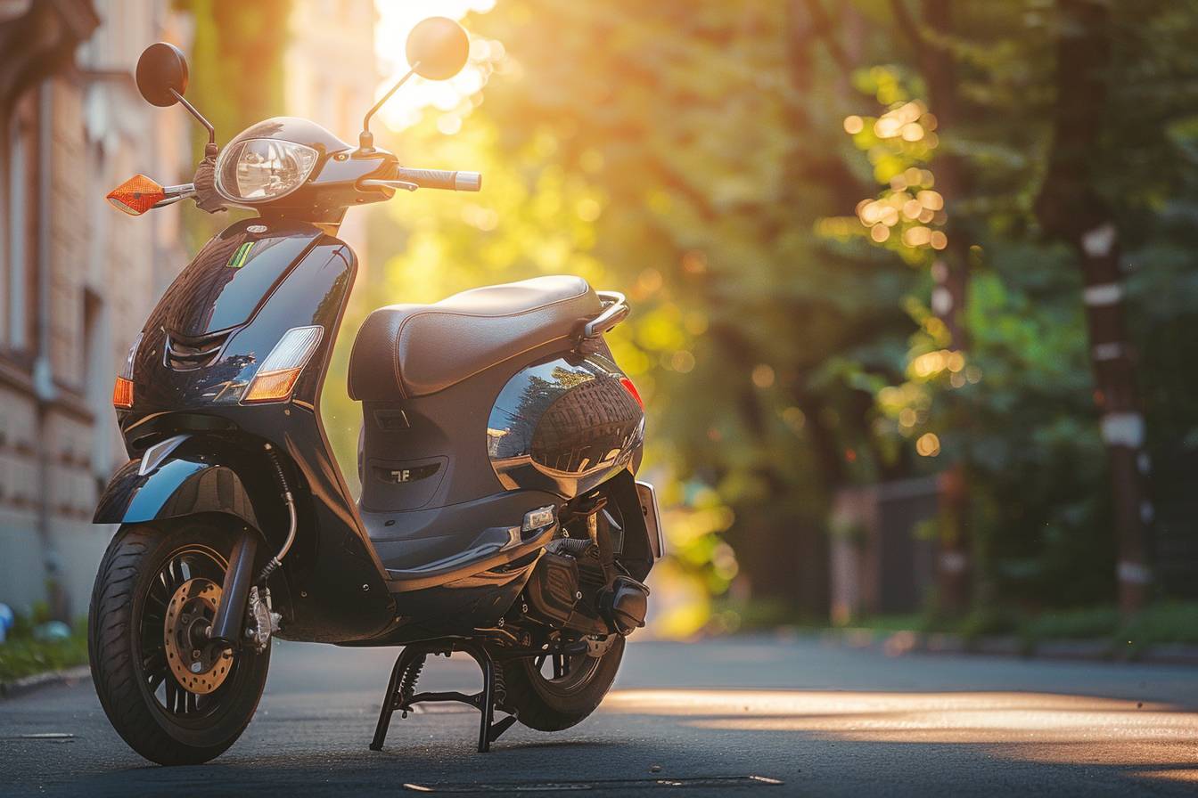 scooter 50 cm3 garé sur une route ensoleillée