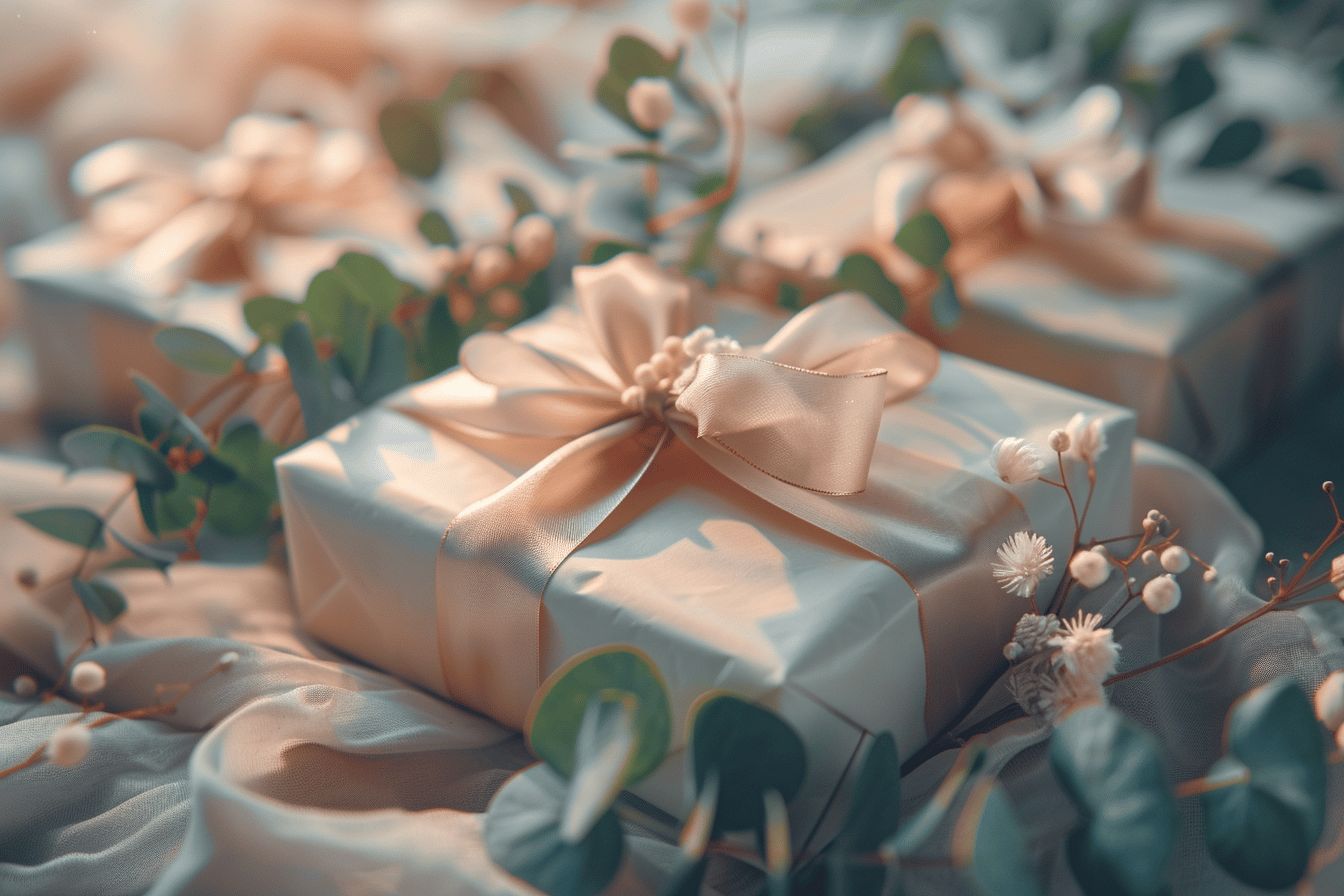 Emballage cadeau élégant avec ruban et papier raffiné  
Cadeau soigneusement emballé avec style et créativité